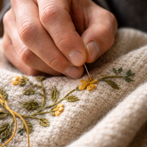 Mann som broderer på ullstoff